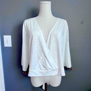 Lucky and Blessed Boho Wrap Top, Tie Back, Tassel Sleeves Women’s Large, NWT